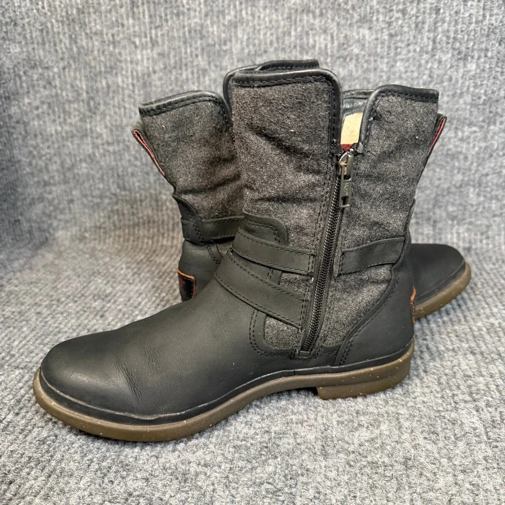 UGG Simmens Waterproof Boots Womens 8 Black Leather Wool Lined Zip Winter Moto